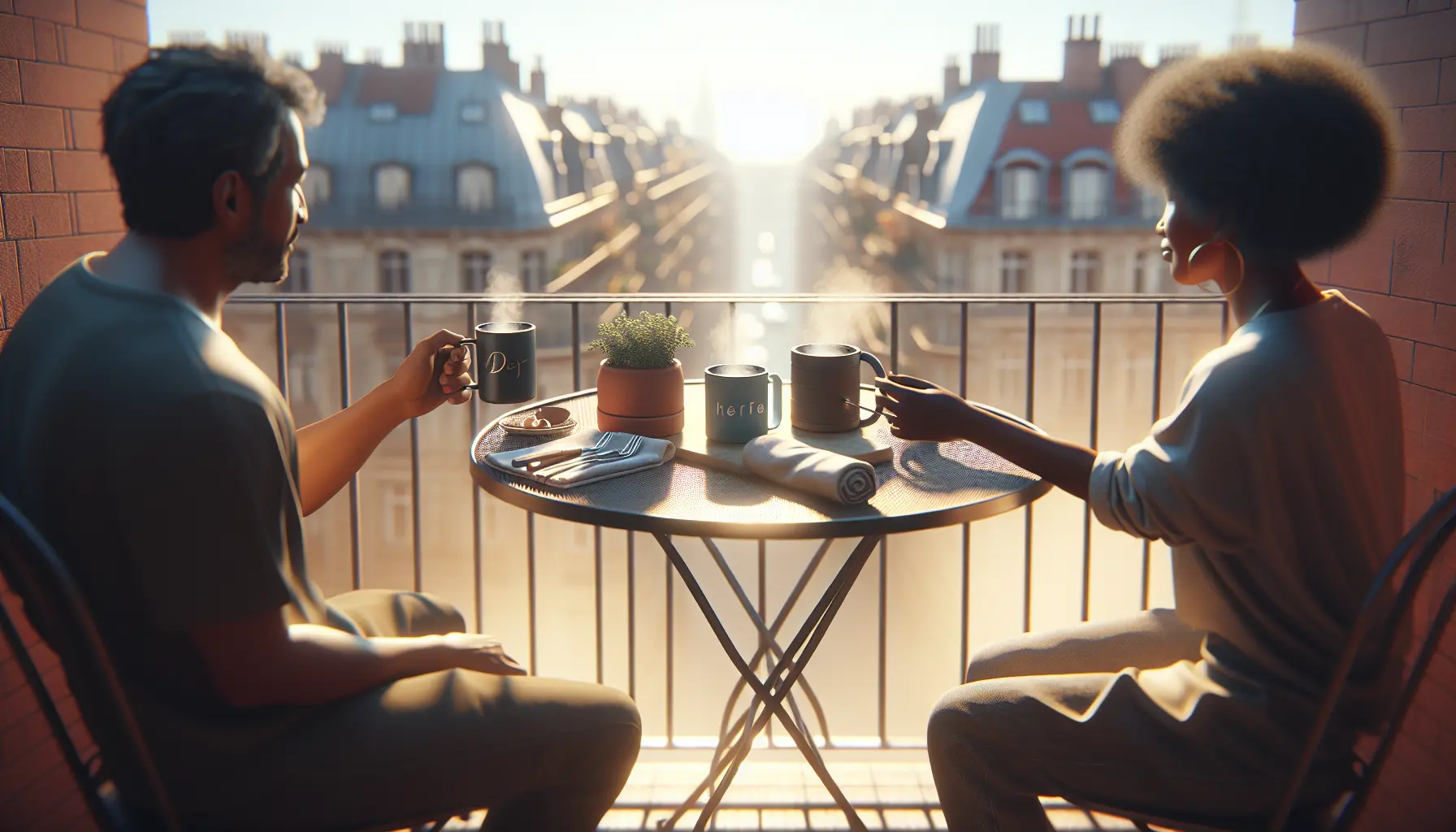 Two mugs on a balcony at golden hour, two hands reaching for coffee with a blurred city view and warm light. mug personnalise cafe partage connexion matin