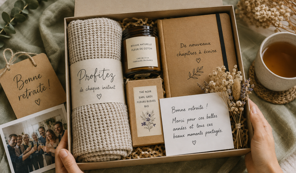 Coffret cadeau de départ à la retraite avec plaid, bougie, thé, carnet et carte de remerciement, présenté sur un linge vert sauge