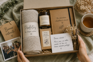 Coffret cadeau de départ à la retraite avec plaid, bougie, thé, carnet et carte de remerciement, présenté sur un linge vert sauge