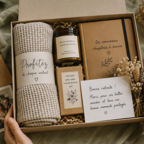 Coffret cadeau de départ à la retraite avec plaid, bougie, thé, carnet et carte de remerciement, présenté sur un linge vert sauge