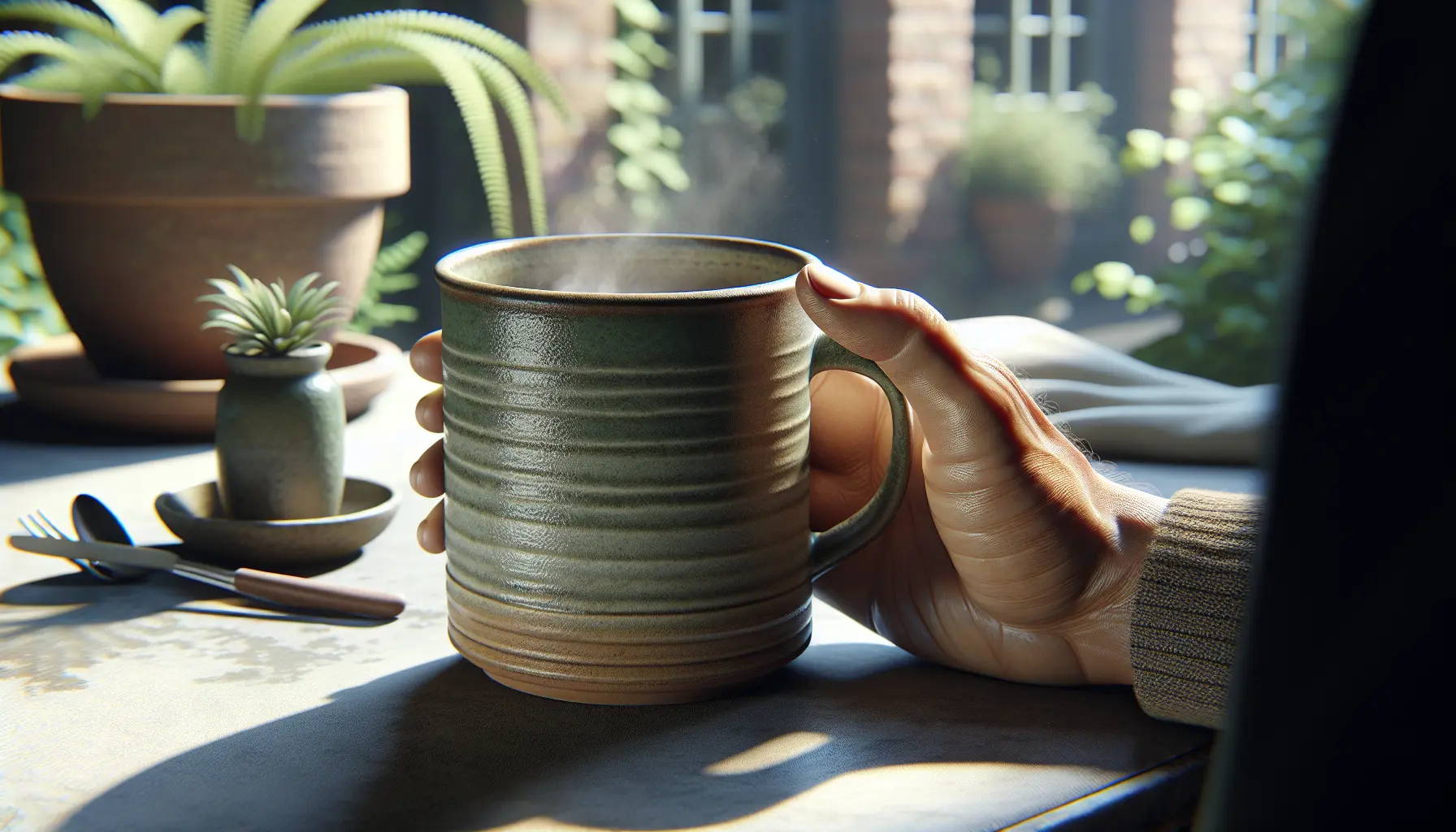 Close-up of hands holding a textured gres mug on a terrace, emphasizing material, glaze and warm natural light. gres durable finitions