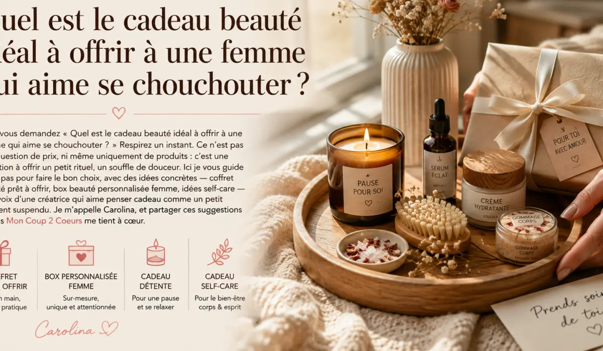 Coffret cadeau beauté femme avec soins, bougie, sérum et accessoires bien-être, présenté sur un plateau en bois dans une ambiance chaleureuse.