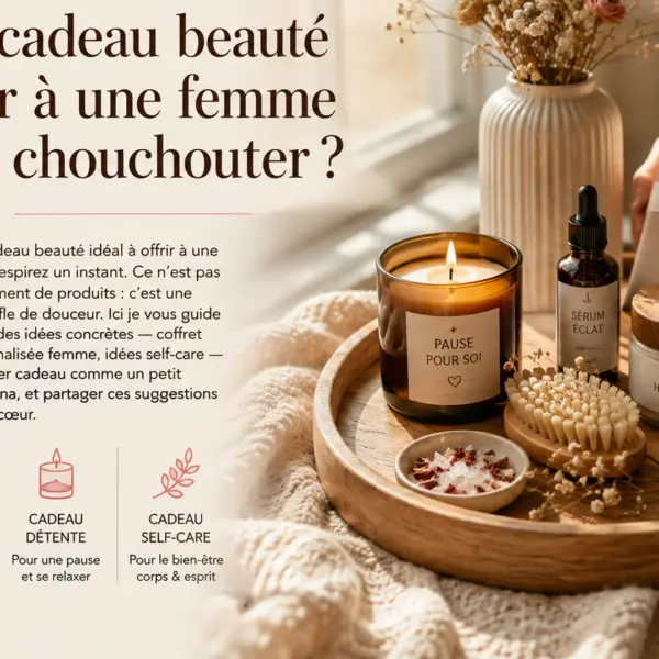 Coffret cadeau beauté femme avec soins, bougie, sérum et accessoires bien-être, présenté sur un plateau en bois dans une ambiance chaleureuse.