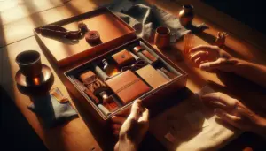 Coffret temoin EVG ouvert sur table en bois, parfum et accessoire cuir, mains anonymes et lumiere chaude — evg, coffret