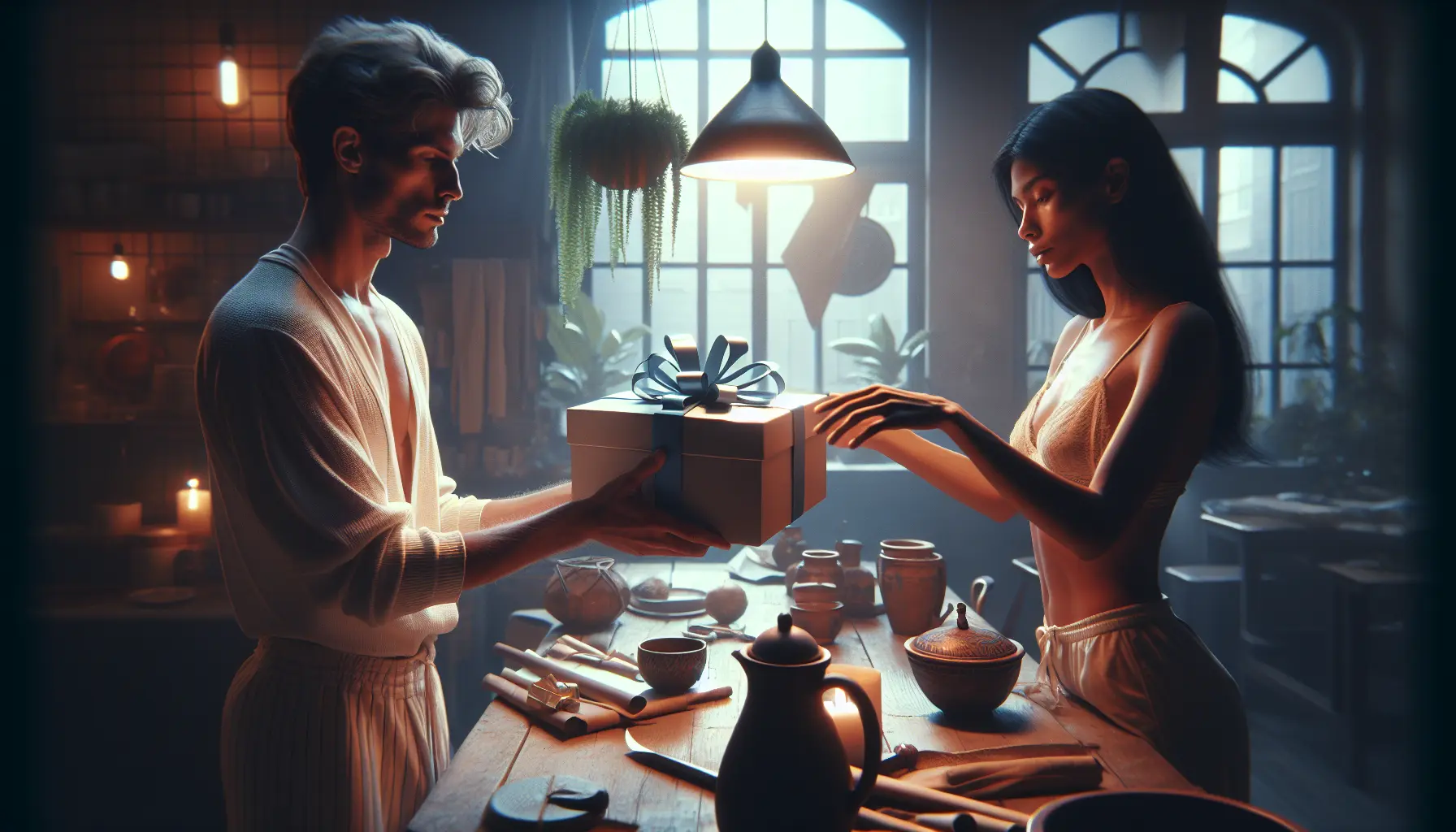 Two friends exchanging a ribboned beauty gift box in a cozy kitchen with warm lamp light and natural textures. cadeau partage