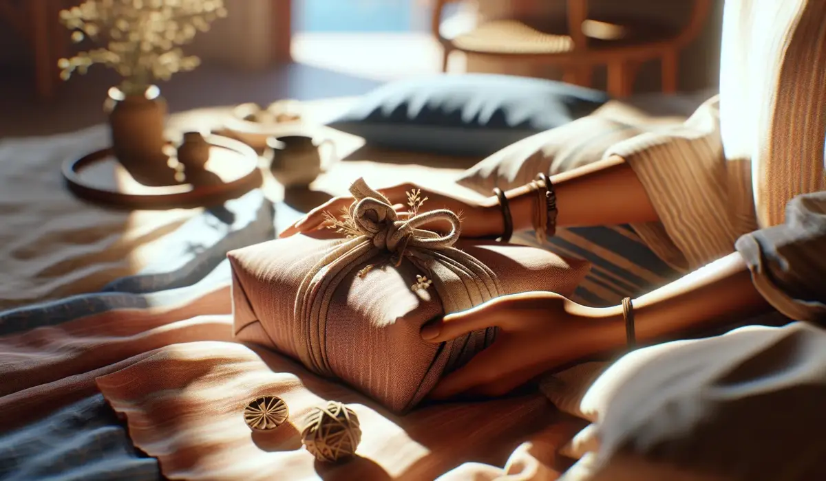 Hands place a furoshiki-wrapped gift on a linen pillow in warm morning light, intimate bedroom scene. cadeau mignon femme, furoshiki, packaging