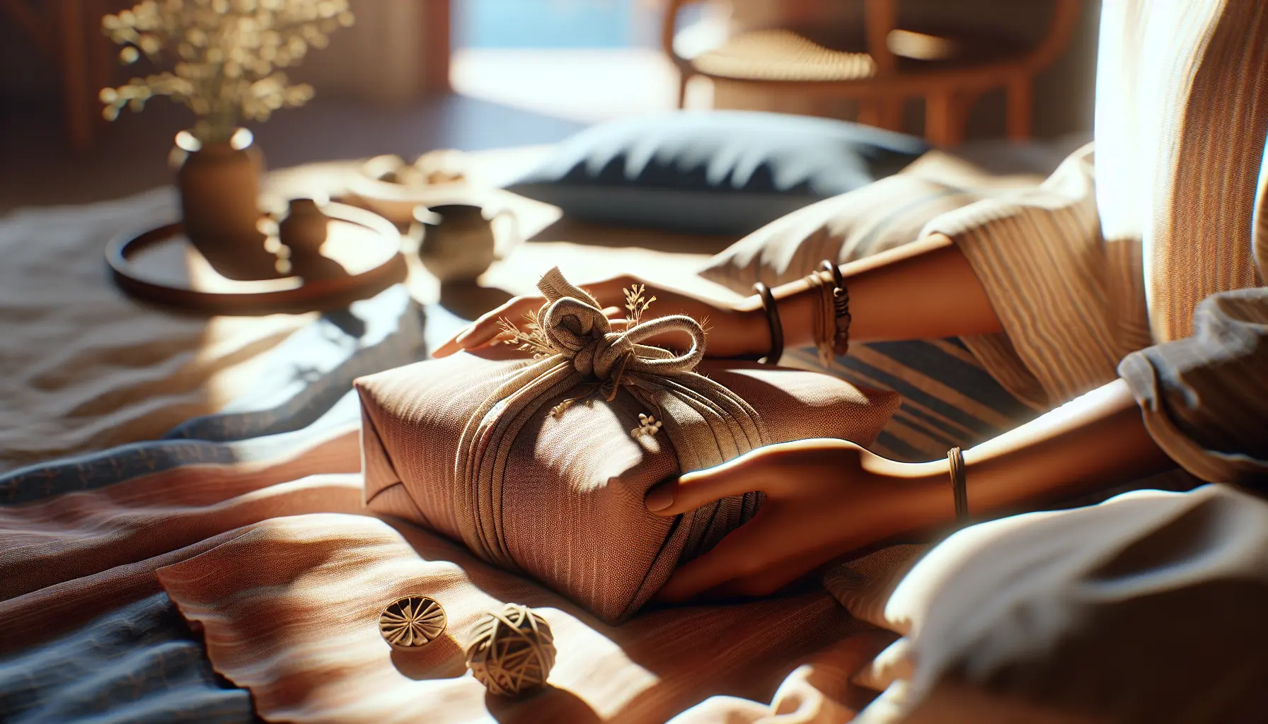 Hands place a furoshiki-wrapped gift on a linen pillow in warm morning light, intimate bedroom scene. cadeau mignon femme, furoshiki, packaging