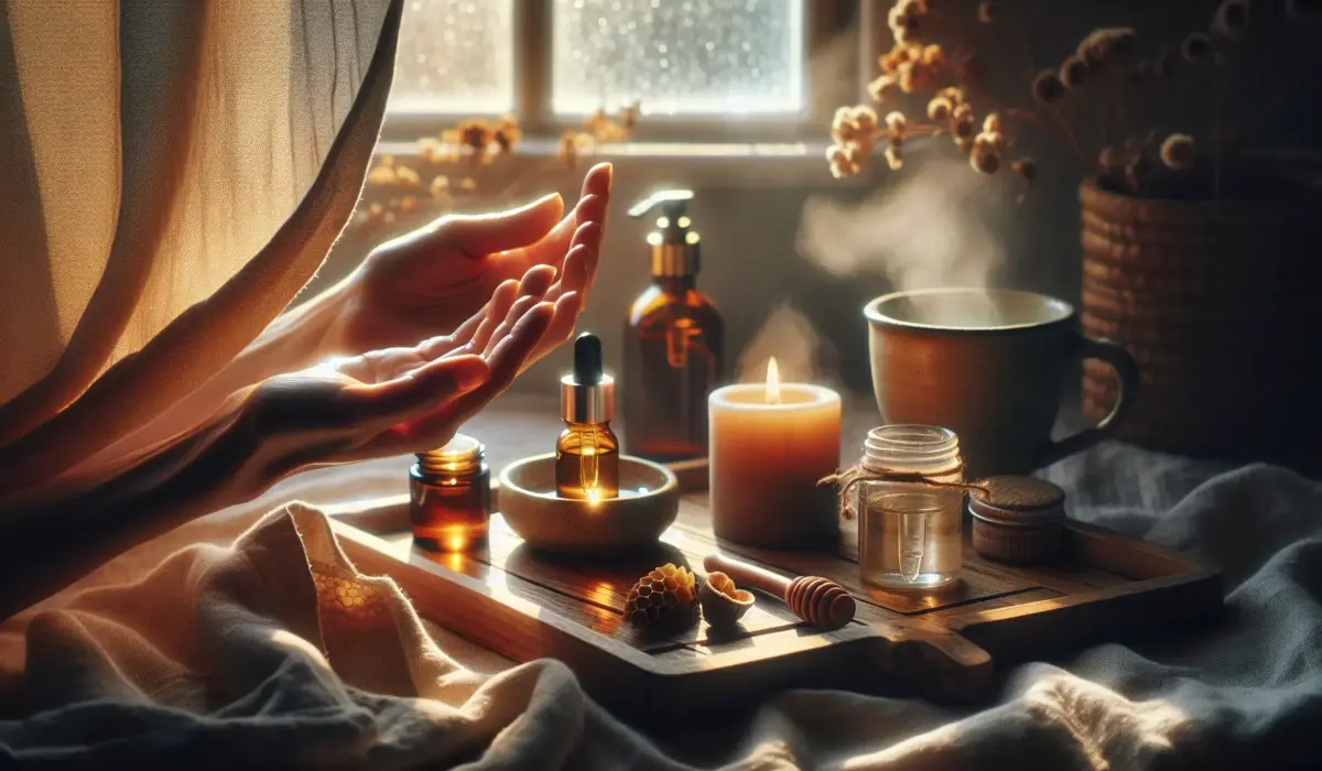 Hands arranging a cozy beauty ritual on a wooden tray by a sunlit window with warm textures and a candle. cadeau rituel