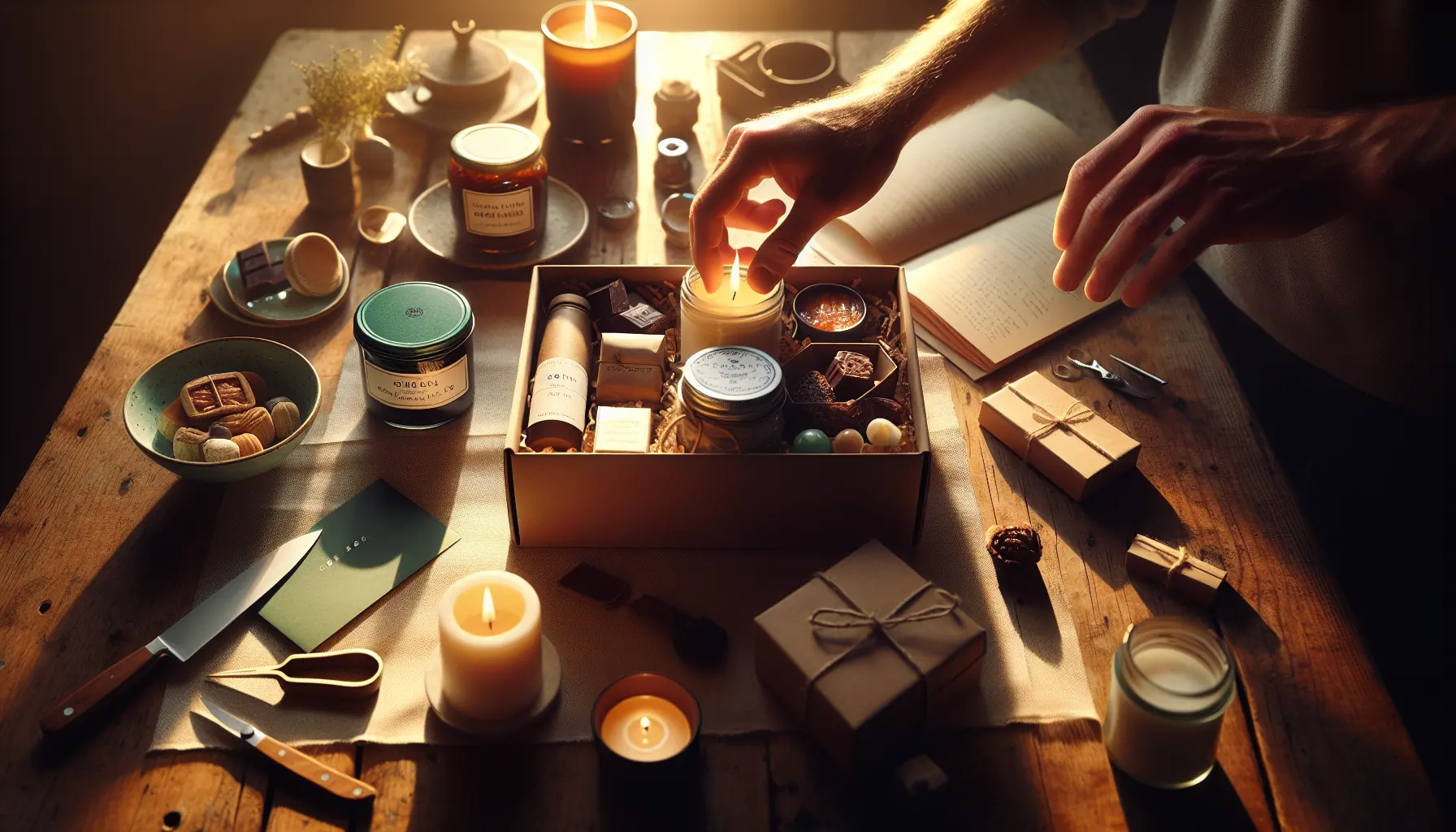 Close-up of hands assembling a sensory gift box on a wooden kitchen table with candle, tea and artisanal chocolate, warm evening light. coffret sensoriel, soiree cocooning, cadeau mignon femme