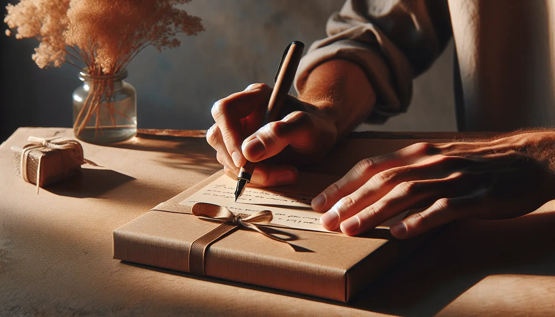 Gros plan d'une main ecrivant une carte posee sur une boite, papier et ruban, lumiere douce. carte, coffret