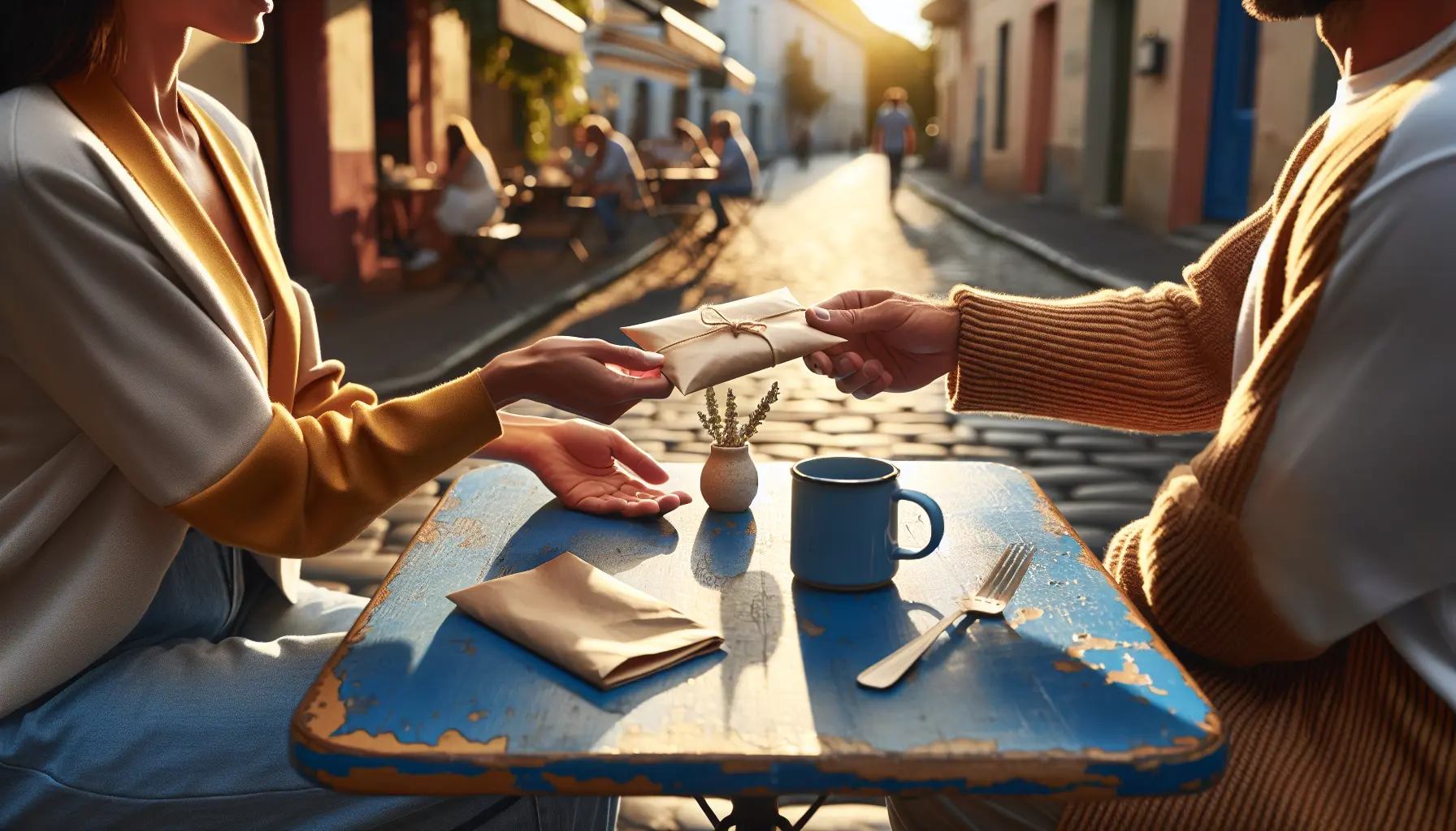 At a sunlit cafe terrace two people exchange a small envelope over a blue table, cropped to hands and torsos for an intimate candid moment. cadeau mignon femme, surprise, envelope