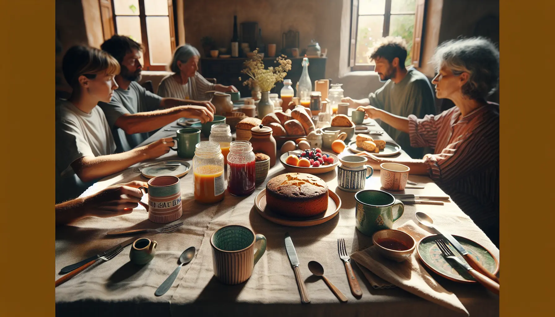 Sunday breakfast table with several personalized mugs, cake and hands passing plates, suggesting a warm family ritual. dimanche familial rituel mugs collection