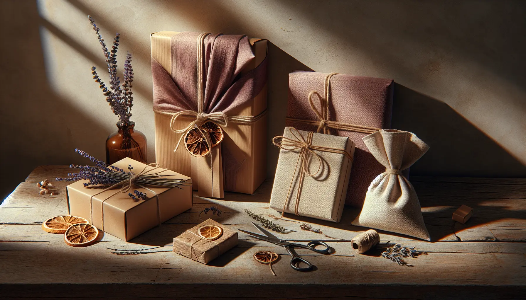 Rustic still life of three packaging styles on a wooden table with dried orange and lavender, warm mediterranean tones and tactile textures. packaging, furoshiki, kraft