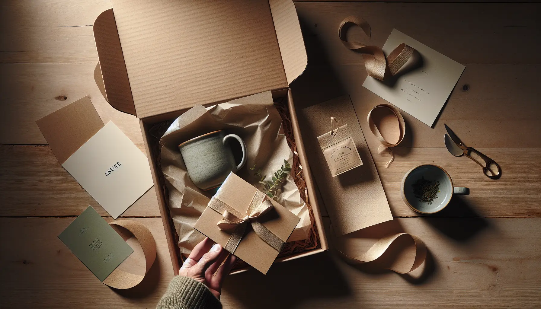 Top-down coffret unboxing with a mug, blank card, ribbon and tea sachet, a hand lifts the lid in soft window light. coffret cadeau packaging eco