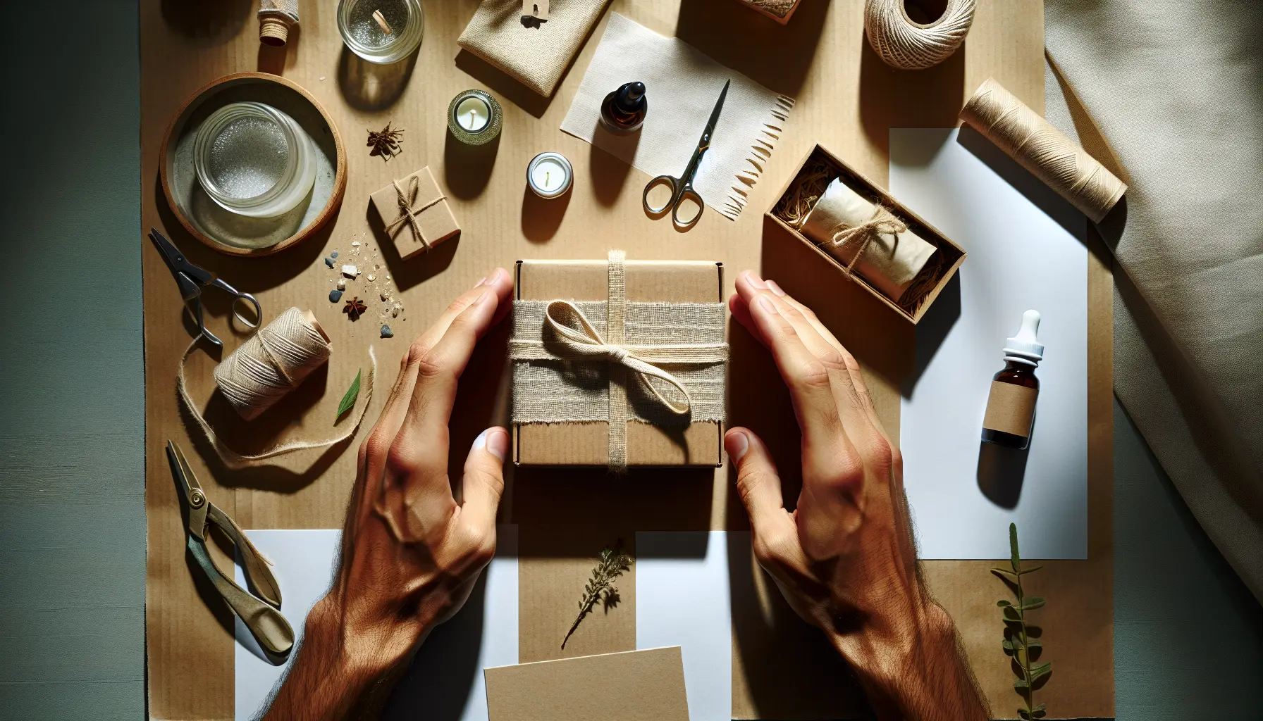 Top-down view of hands assembling a DIY beauty box on kraft paper with jars, ribbon and small candle in bright daylight. diy box-beaute