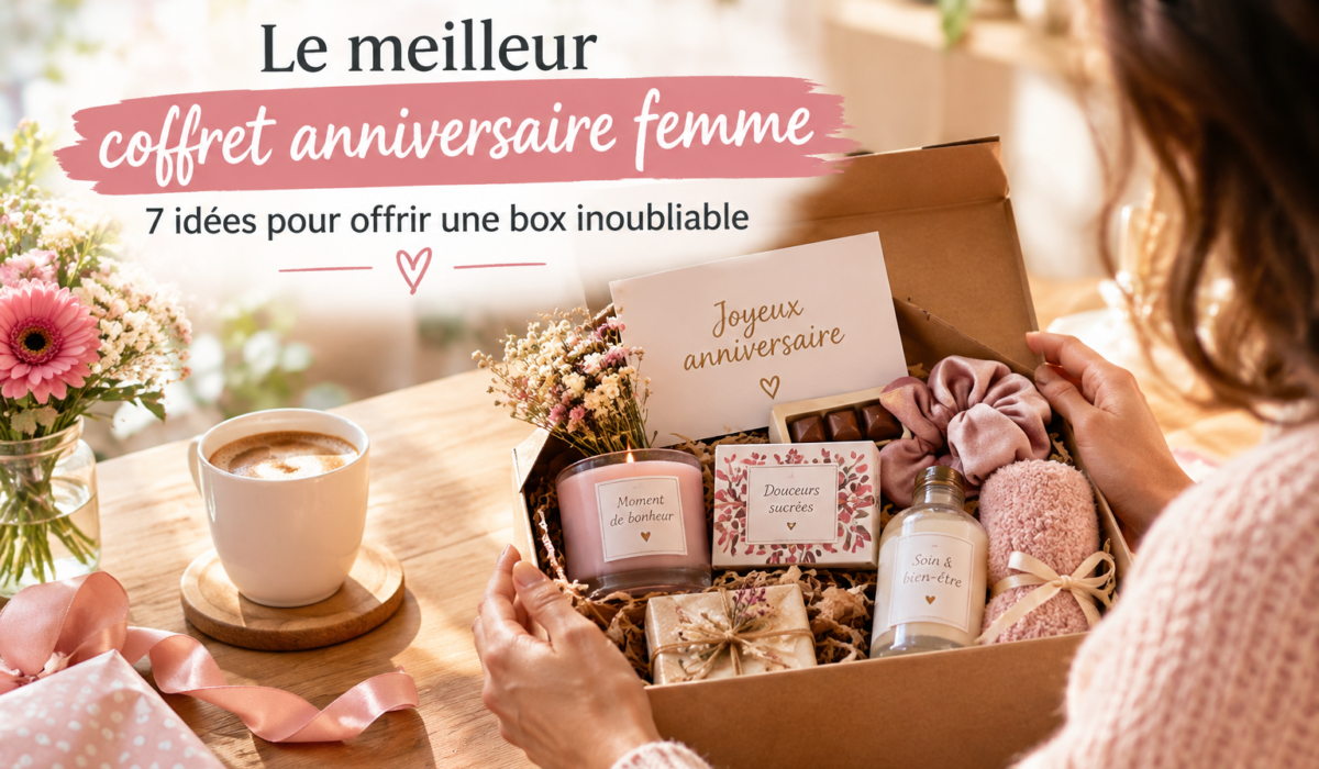 Coffret anniversaire femme personnalisé avec bougie, gourmandises, soins et carte cadeau, présenté dans une jolie boîte.