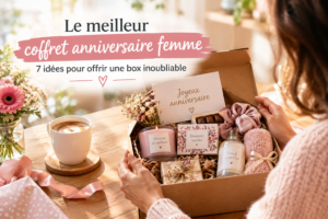 Coffret anniversaire femme personnalisé avec bougie, gourmandises, soins et carte cadeau, présenté dans une jolie boîte.