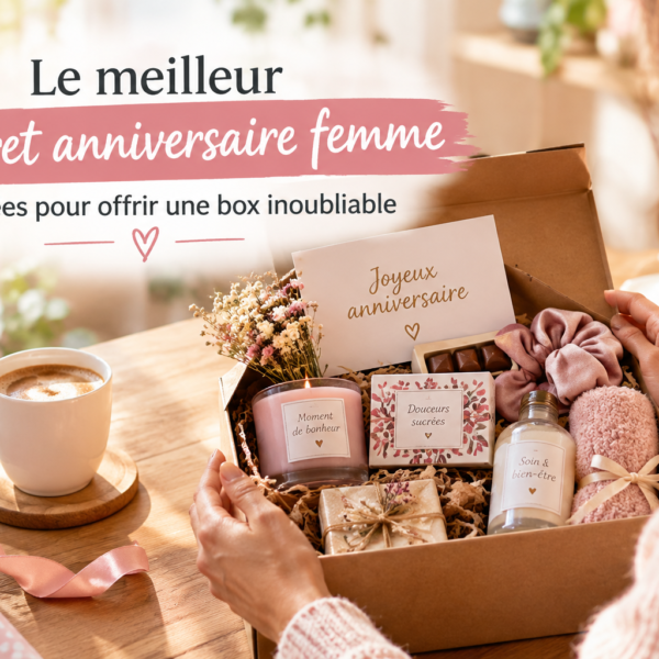 Coffret anniversaire femme personnalisé avec bougie, gourmandises, soins et carte cadeau, présenté dans une jolie boîte.