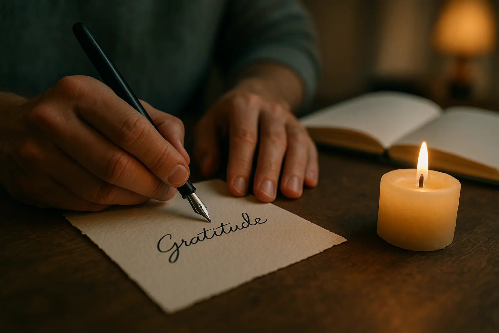 Close-up of hands writing a gratitude note on textured paper beside a lit candle and open journal, suggesting a nightly ritual of reflection and thanks. writing, gratitude, card