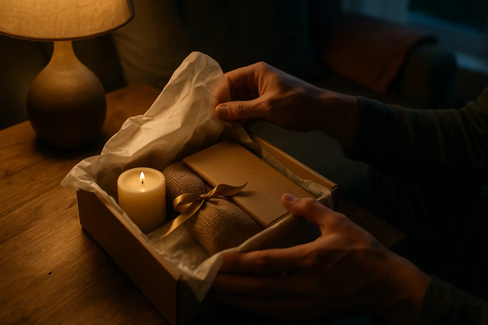 Close-up of hands unwrapping a sensory birthday box revealing candle, coffee sachet and kraft notebook under warm lamp light. ouverture textures cadeau personnalise