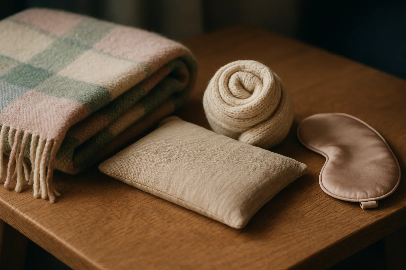 Close-up of cozy textiles and tactile wellness items arranged on a wooden table, showing fabric textures and warm tones. plaid textures toucher bienetre