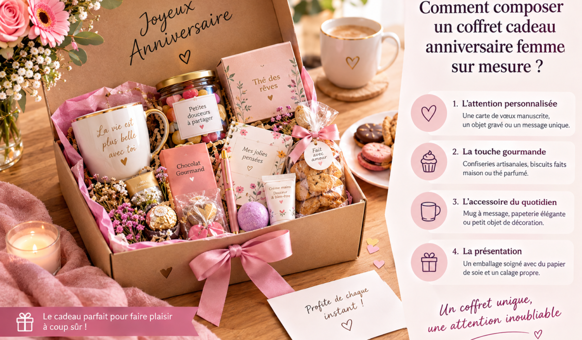 Coffret cadeau anniversaire femme personnalisé avec gourmandises, mug et attentions