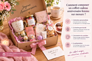 Coffret cadeau anniversaire femme personnalisé avec gourmandises, mug et attentions