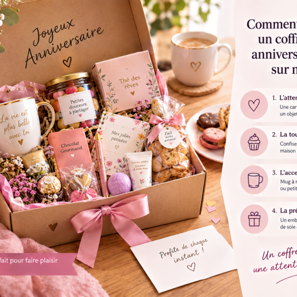 Coffret cadeau anniversaire femme personnalisé avec gourmandises, mug et attentions