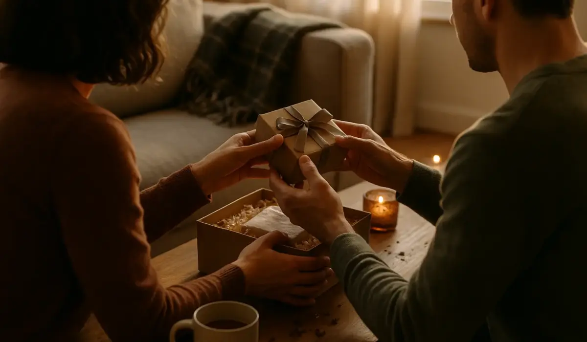 Two adults opening a sensory gift box on a low table, candlelight and plaid create a warm cozy mood. coffret sensoriel