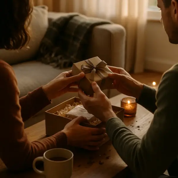 Two adults opening a sensory gift box on a low table, candlelight and plaid create a warm cozy mood. coffret sensoriel