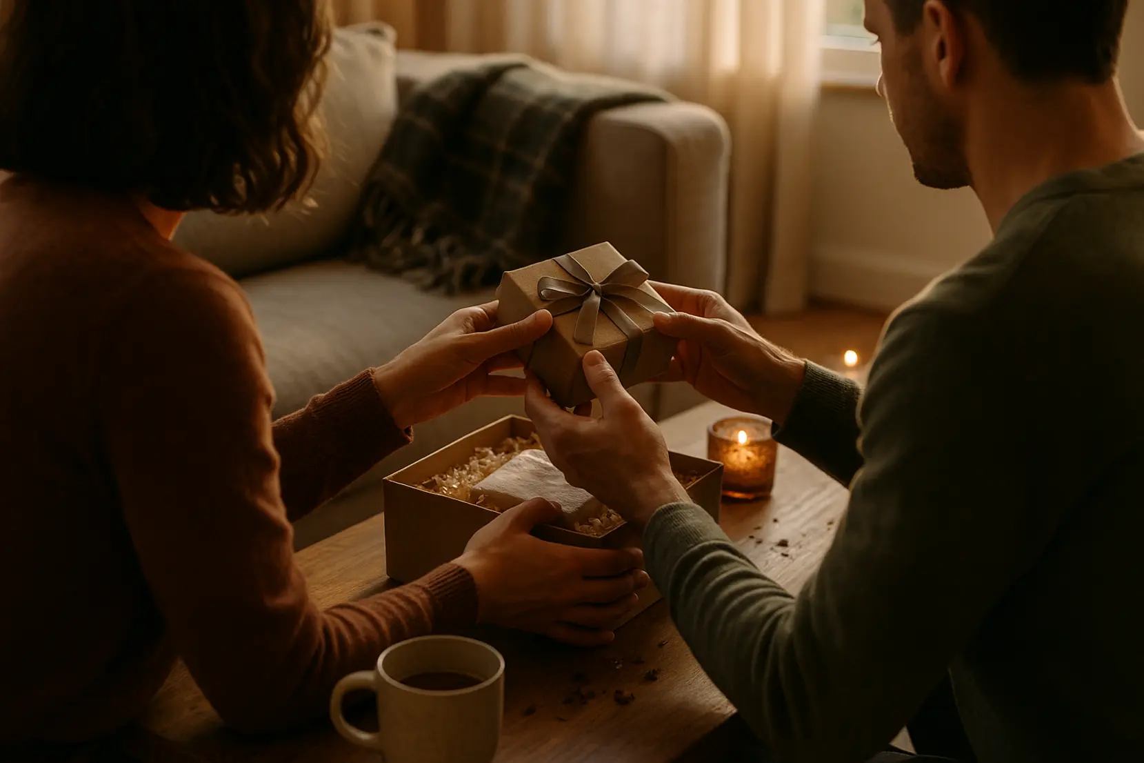 Two adults opening a sensory gift box on a low table, candlelight and plaid create a warm cozy mood. coffret sensoriel