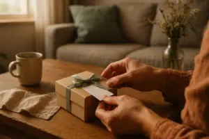 Warm morning scene of hands arranging a small good vibes gift box on a wooden table, intimate attention and intention. coffret goodvibes ambiance