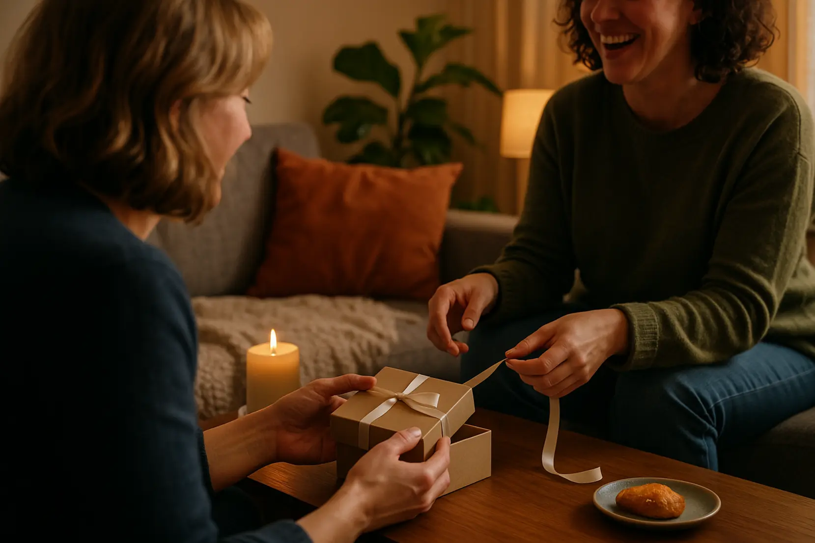 Two friends share a cozy surprise as a small gift box is opened on a sofa in warm evening light, candid and intimate scene. surprendre une femme, box juste pour toi, mardi surprise