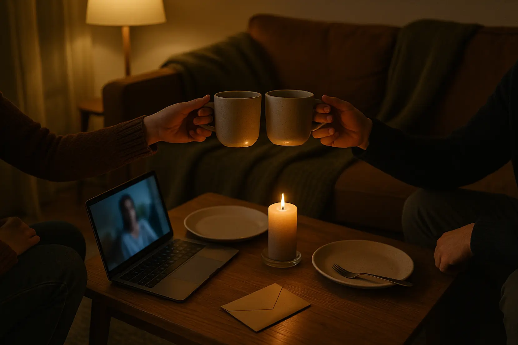 Salon cosy le soir avec deux tasses, un ordinateur pour diner synchronise et bougies, mains qui trinquent. experience, diner, visio