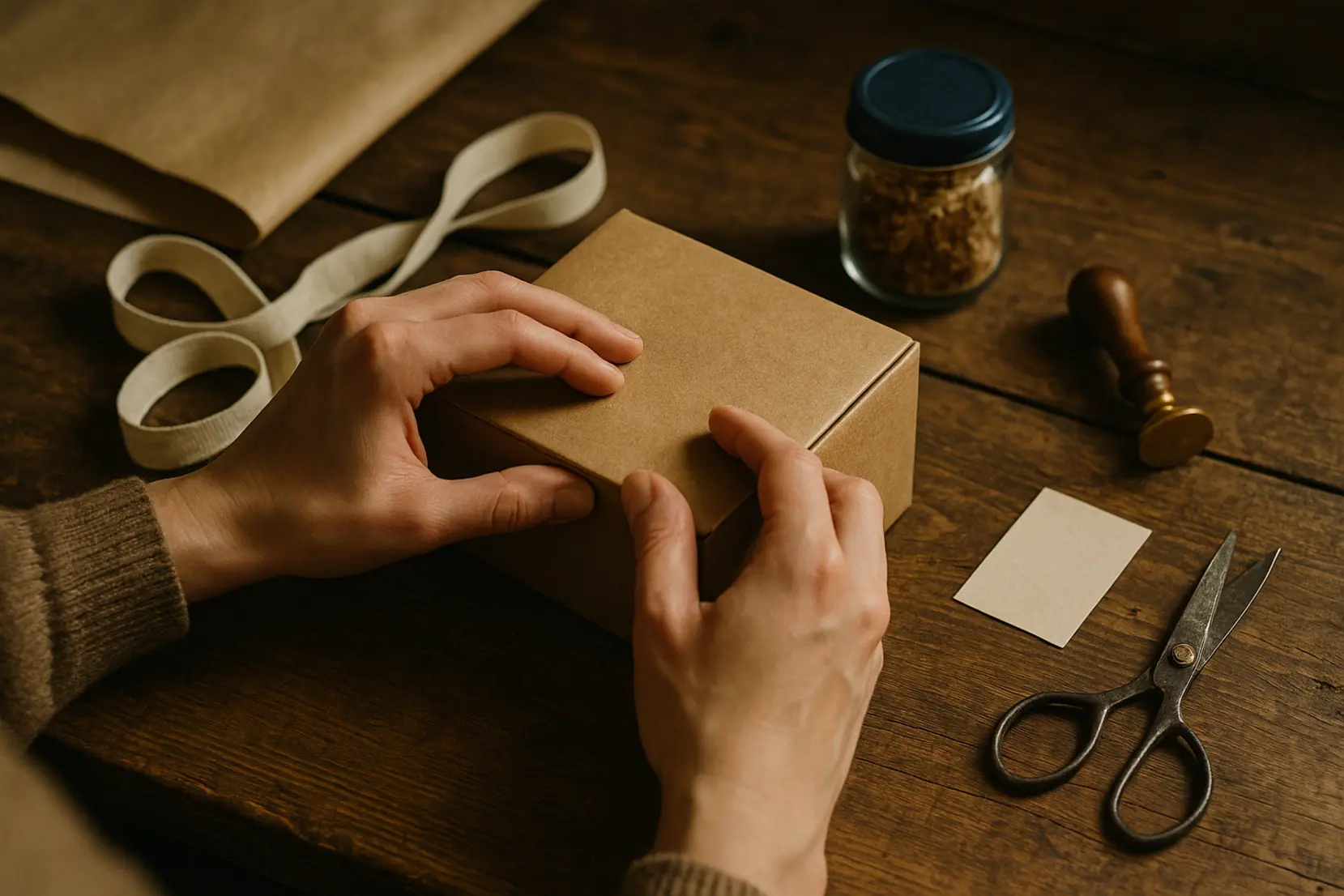 Hands assemble a personalised gift box on a rustic wooden table with kraft paper, ribbon and a wax seal under warm lamp light. box personnalisee, packaging, idee cadeau