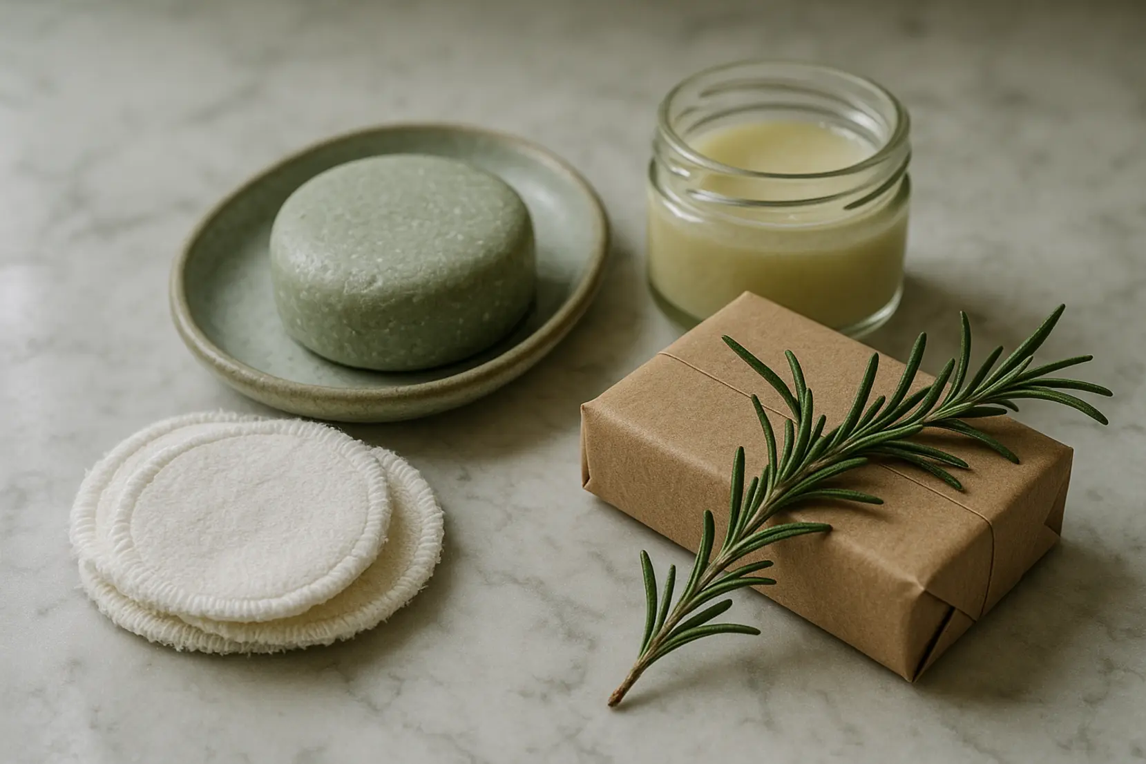 Eco-friendly beauty essentials arranged on a marble counter: shampoo bar, glass jar, reusable cotton pads and kraft packaging for sustainable gifting. eco-friendly, shampoo-solid, reusable-cotons