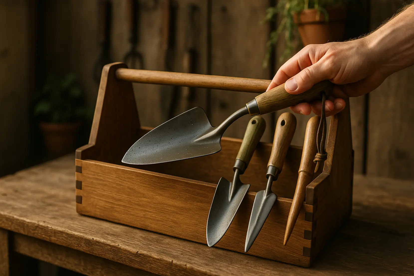 Late-afternoon scene of a wooden tool box with ergonomic garden tools and a hand lifting a trowel on a shed bench, warm tones. keywords: outil jardinage, ergonomique, set outils