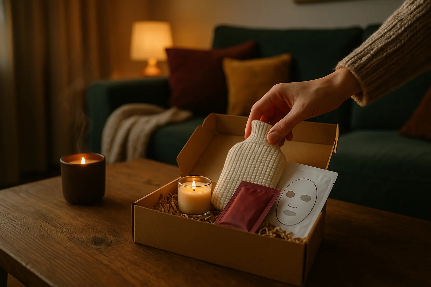 Open gift box on a living room coffee table with candlelight, hot chocolate and a hand reaching in for a cozy evening moment. cocooning, gift-box, evening-relax