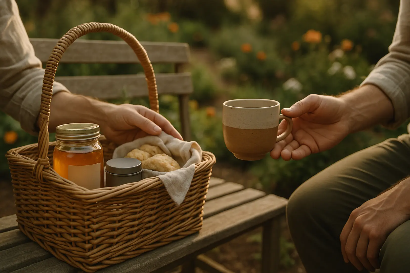 Afternoon garden bench scene of a wicker gift basket with tea, local honey and biscuits while two hands pass a cup, cozy relaxed mood. keywords: coffret gourmand, miel local, tisane