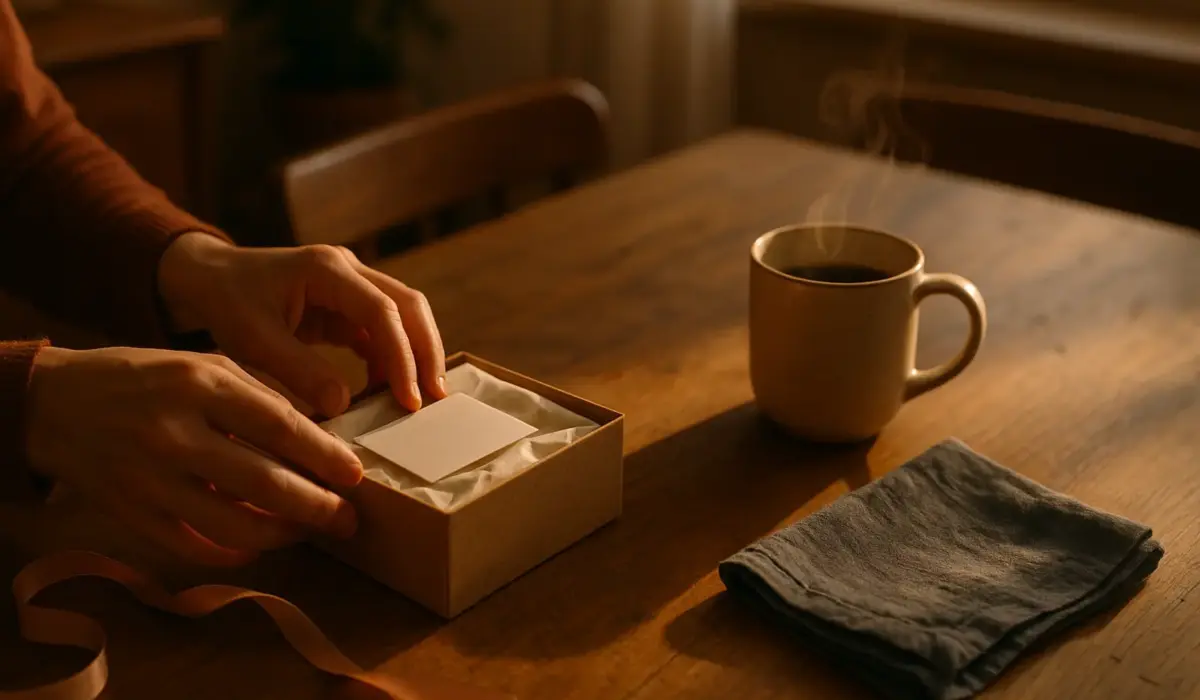Hands arranging a personalized birthday box on a sunlit kitchen table with coffee, linen and ribbon. box anniversaire coffret cadeau
