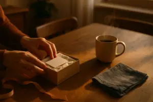 Hands arranging a personalized birthday box on a sunlit kitchen table with coffee, linen and ribbon. box anniversaire coffret cadeau