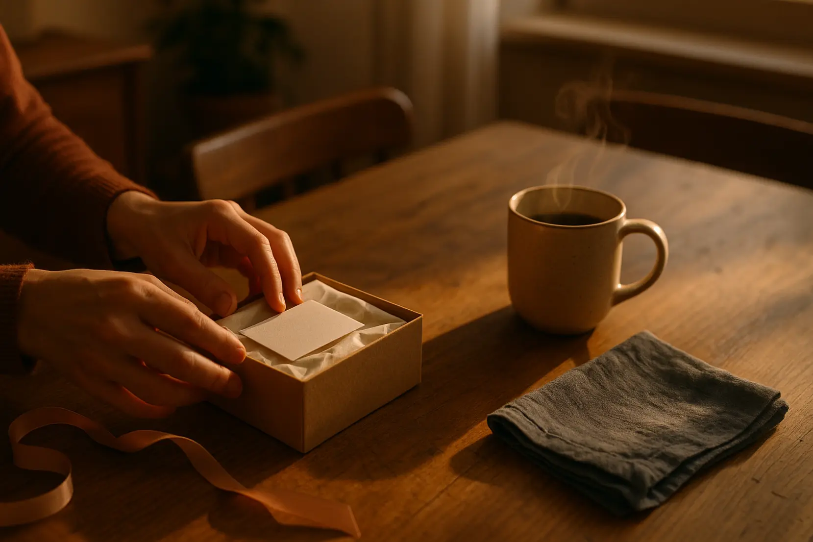 Hands arranging a personalized birthday box on a sunlit kitchen table with coffee, linen and ribbon. box anniversaire coffret cadeau