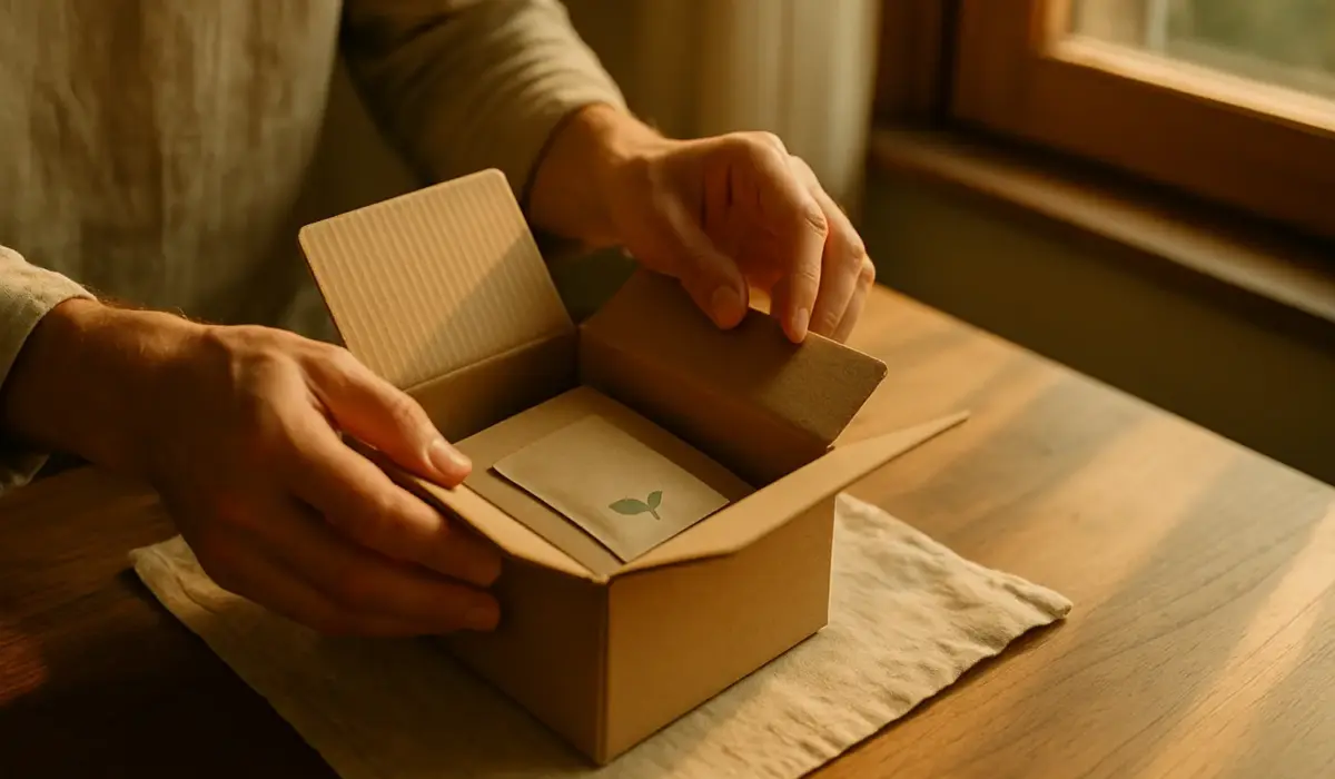 Mains anonymes ouvrant un colis surprise sur une table en bois baignee de lumiere matinale. cadeau, distance, unboxing