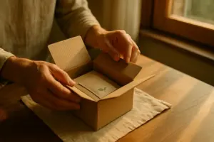 Mains anonymes ouvrant un colis surprise sur une table en bois baignee de lumiere matinale. cadeau, distance, unboxing