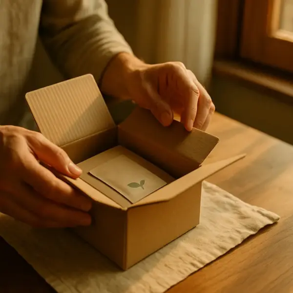mains ouvrant un colis surprise sur table en bois cadeau à distance pour couple