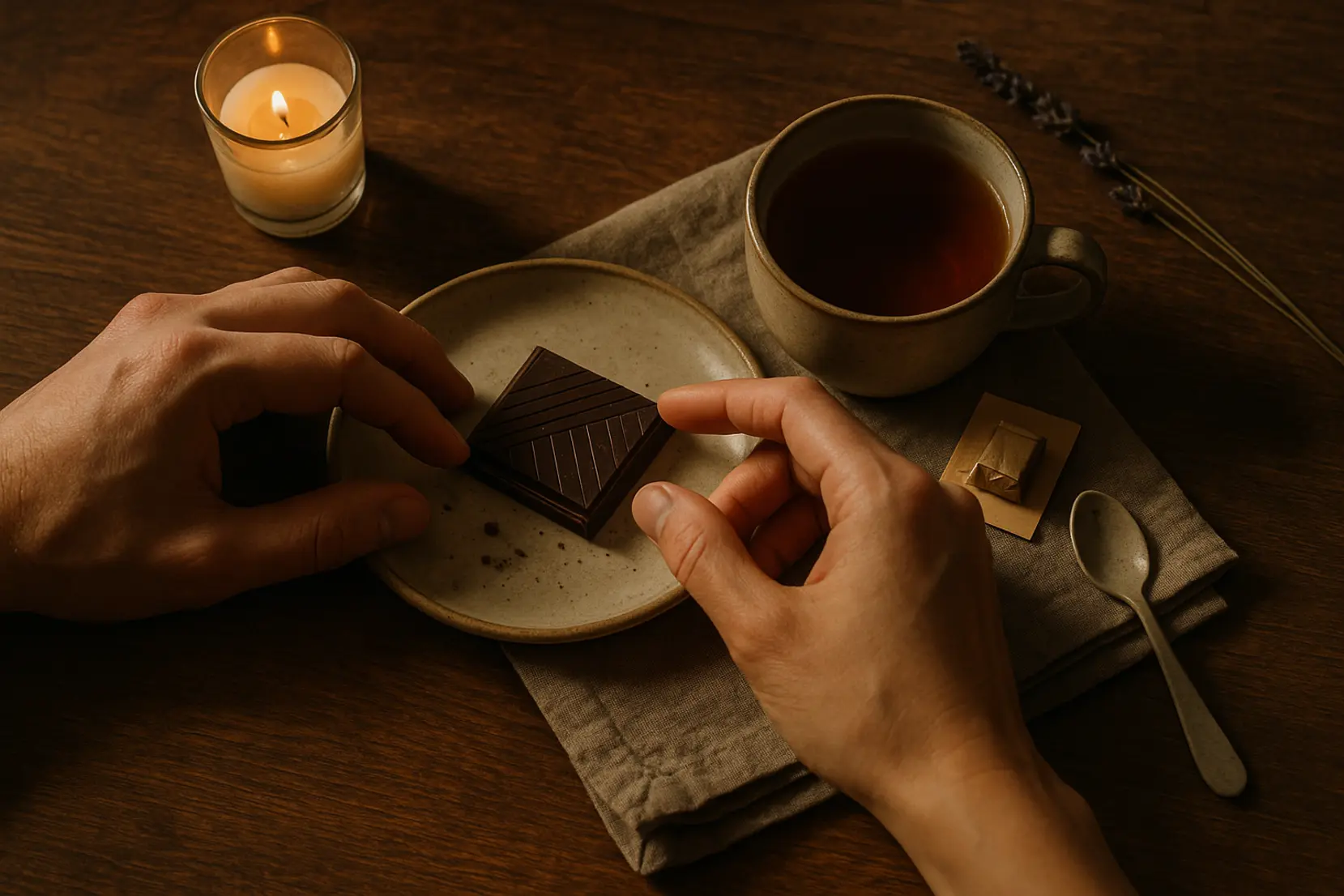 Close-up flatlay of two hands sharing a dark chocolate piece with tea and a small candle on wood, warm cozy tasting moment. chocolat degustation partage