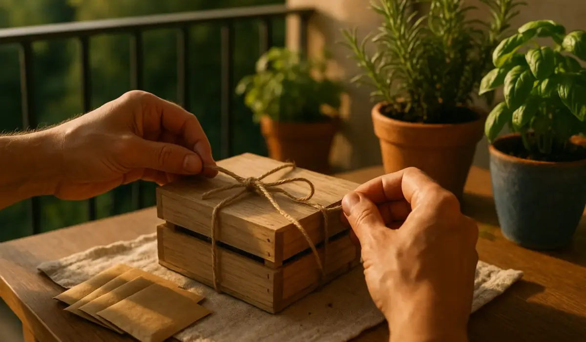 Warm golden-hour close-up of hands tying a ribbon on a wooden seed kit crate on a balcony, potted herbs blurred behind. keywords: cadeau mamie, jardinage, semis