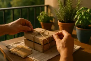 Warm golden-hour close-up of hands tying a ribbon on a wooden seed kit crate on a balcony, potted herbs blurred behind. keywords: cadeau mamie, jardinage, semis
