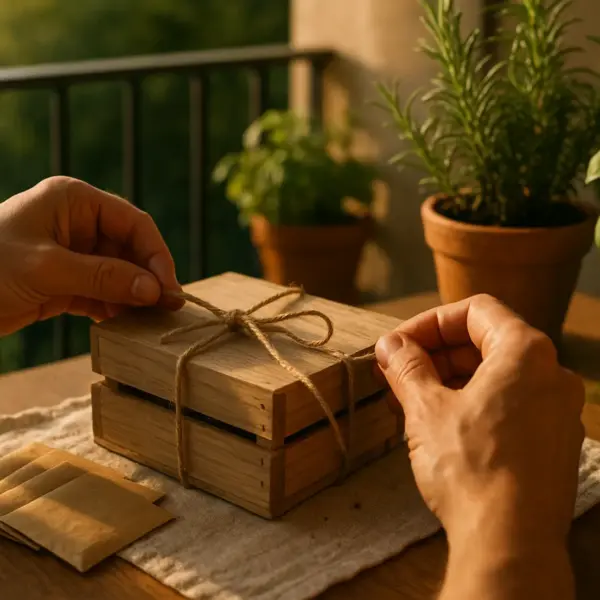 Warm golden-hour close-up of hands tying a ribbon on a wooden seed kit crate on a balcony, potted herbs blurred behind. keywords: cadeau mamie, jardinage, semis