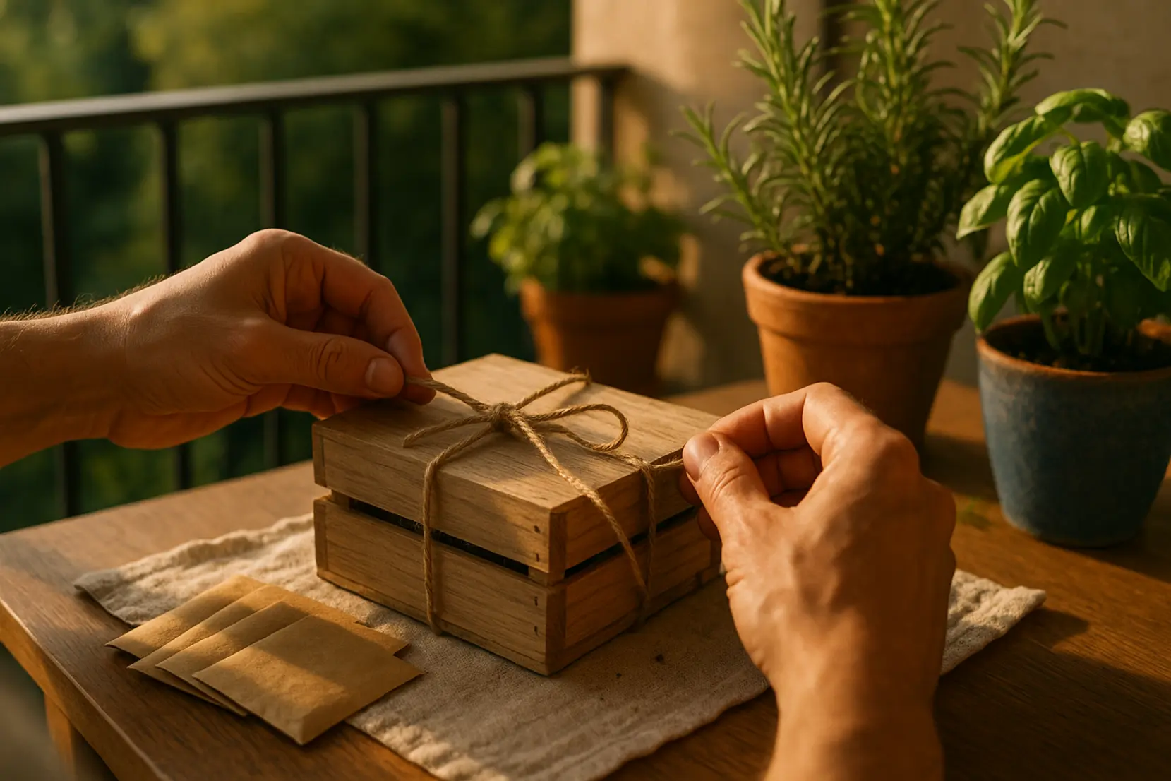 Warm golden-hour close-up of hands tying a ribbon on a wooden seed kit crate on a balcony, potted herbs blurred behind. keywords: cadeau mamie, jardinage, semis